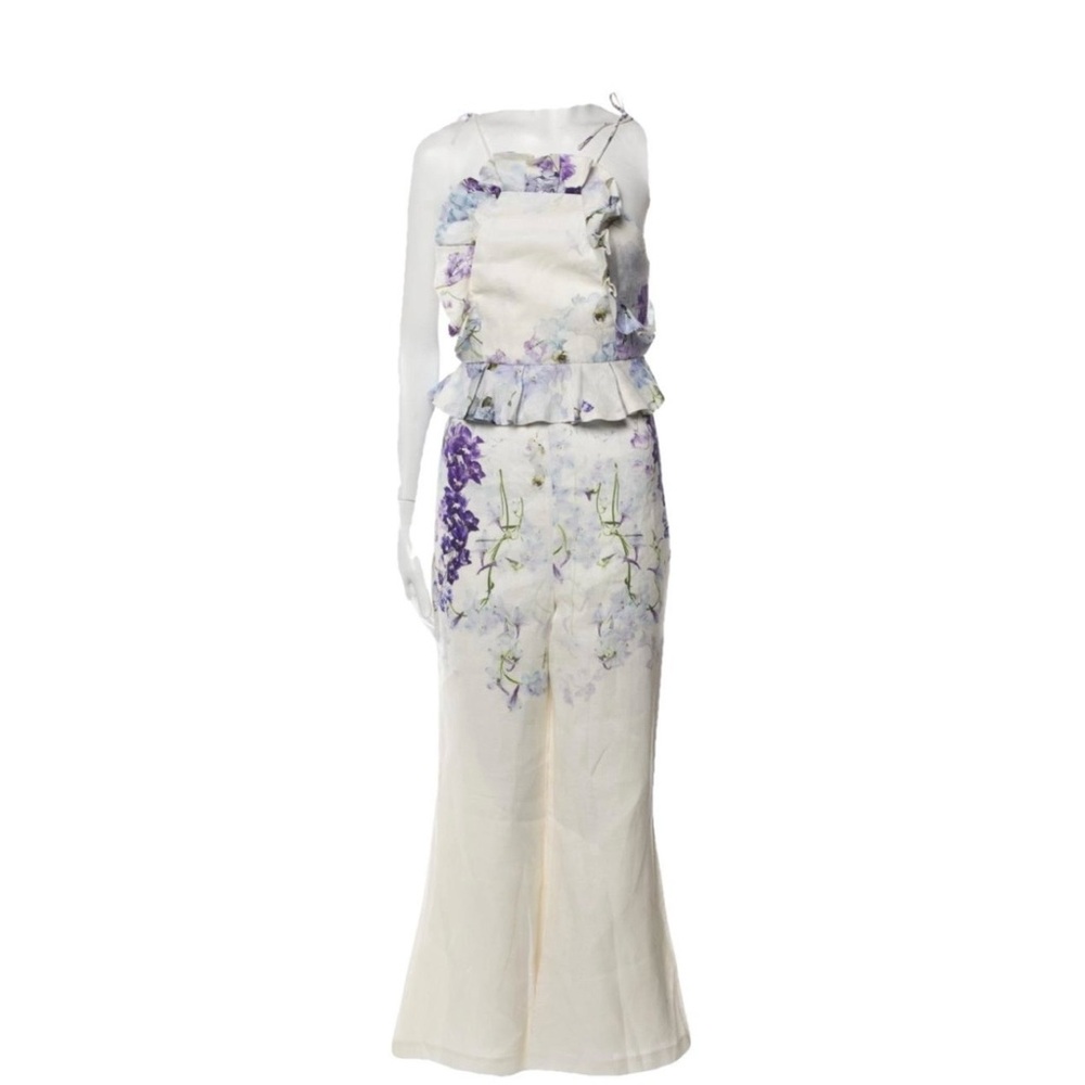 Zimmermann Cream Floral Linen Jumpsuit with Purple Accents